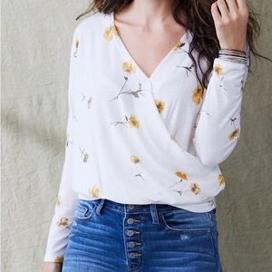 True Wrap Blouse Long Balloon Sleeve White Yellow Floral